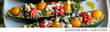 Keto mediterranean diet: zucchini boats filled with quinoa, tomatoes and feta 124333309