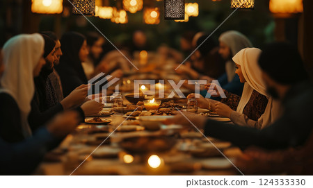 Muslim families and friends sharing iftar dinner during ramadan under ornamental lanterns Muslim families and friends sharing iftar dinner during ramadan under ornamental lanterns 124333330