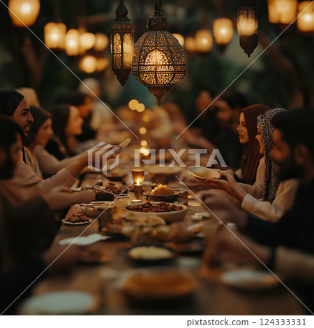 Muslim families and friends sharing iftar dinner during ramadan under ornamental lanterns Muslim families and friends sharing iftar dinner during ramadan under ornamental lanterns 124333331