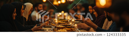 Muslim families and friends sharing iftar dinner during ramadan under ornamental lanterns Muslim families and friends sharing iftar dinner during ramadan under ornamental lanterns 124333335