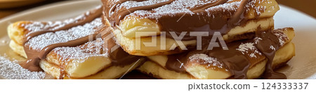 Waffles with chocolate spread and icing sugar creating delicious breakfast 124333337
