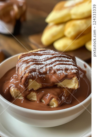 Waffles with chocolate spread and icing sugar creating delicious breakfast Waffles with chocolate spread and icing sugar creating delicious breakfast 124333339