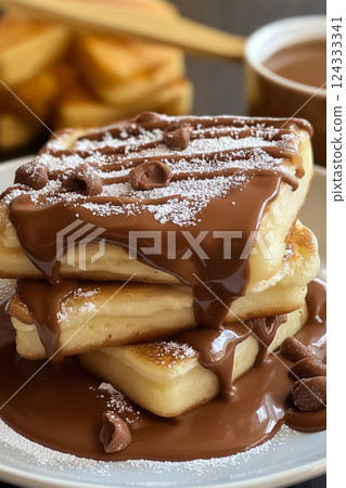 Waffles with chocolate spread and icing sugar creating delicious breakfast Waffles with chocolate spread and icing sugar creating delicious breakfast 124333341