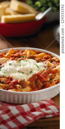 Pasta casserole with meat sauce, mozzarella, and parsley topping, enjoying mountain view 124333342