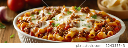 Pasta casserole with meat sauce, mozzarella, and parsley topping, enjoying mountain view Pasta casserole with meat sauce, mozzarella, and parsley topping, enjoying mountain view 124333343