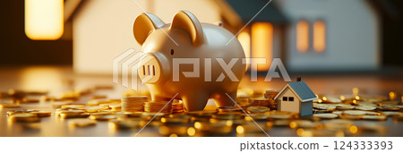 Golden piggy bank and miniature house resting on pile of coins symbolizing savings for homeownership 124333393