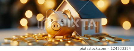 Golden piggy bank and miniature house resting on pile of coins symbolizing savings for homeownership 124333394
