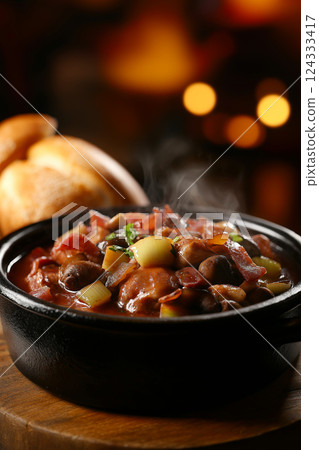 Steaming coq au vin served in cast iron pot with bread on side 124333417