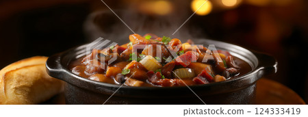 Steaming coq au vin served in cast iron pot with bread on side 124333419