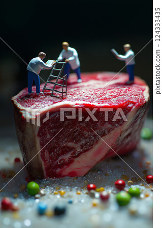 Scientists exploring giant steak with ladders and notes 124333435