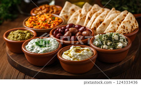 Traditional greek mezze platter with dips, olives, and pita bread 124333436