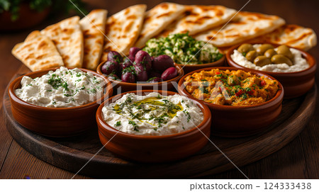 Traditional greek mezze platter with dips, olives, and pita bread 124333438