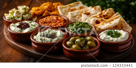 Traditional greek mezze platter with dips, olives, and pita bread 124333441