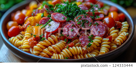 Tricolored fusilli pasta salad with cherry tomatoes, pepperoni and grated parmesan cheese 124333444