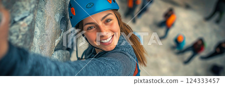 Young climber woman scaling rock face with helmet and harness Young climber woman scaling rock face with helmet and harness 124333457