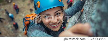 Young climber woman scaling rock face with helmet and harness Young climber woman scaling rock face with helmet and harness 124333458