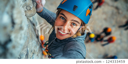 Young climber woman scaling rock face with helmet and harness Young climber woman scaling rock face with helmet and harness 124333459