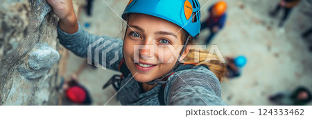 Young climber woman scaling rock face with helmet and harness Young climber woman scaling rock face with helmet and harness 124333462