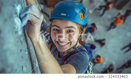 Young climber woman scaling rock face with helmet and harness 124333463