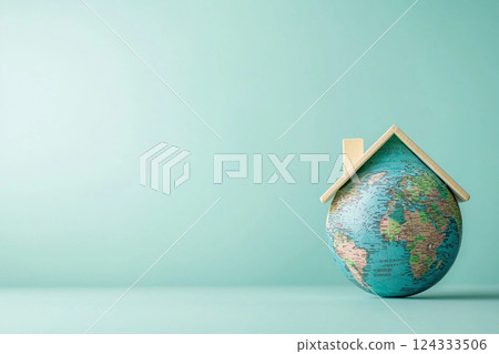 globe under the roof of a house on light blue background, earth is our home, world earth day globe under the roof of a house on light blue background, earth is our home, world earth day 124333506