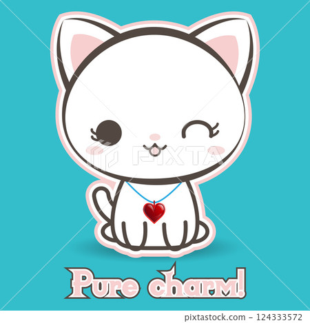 Cute white kitten with a heart pendant, sticker, text Pure charm Little kitten, pet, kitty Cute white kitten with a heart pendant, sticker, text Pure charm Little kitten, pet, kitty 124333572
