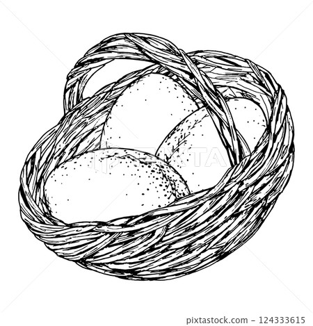 Hand drawn black and white illustration of a wicker basket filled with eggs. Suitable for Easter themes, spring celebration designs, packaging, farming, DIY projects and children s materials. 124333615