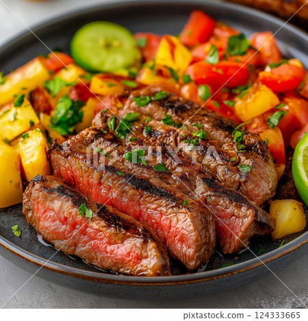 Grilled medium-rare steak, beef ranchera, seasoned and garnished with fresh herbs, served alongside a vibrant summer vegetable medley Grilled medium-rare steak, beef ranchera, seasoned and garnished with fresh herbs, served alongside a vibrant summer vegetable medley 124333665