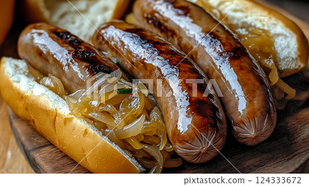 Delicious grilled bratwurst sausages served on bread rolls with caramelized onions, ready for a satisfying meal Delicious grilled bratwurst sausages served on bread rolls with caramelized onions, ready for a satisfying meal 124333672