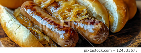 Delicious grilled bratwurst sausages served on bread rolls with caramelized onions, ready for a satisfying meal 124333675