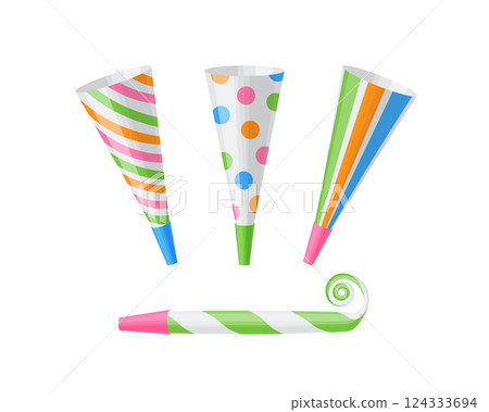 Pipe horn for parties. Colorful horns and pipes for parties. A festive accessory. Party supplies. Vector illustration Pipe horn for parties. Colorful horns and pipes for parties. A festive accessory. Party supplies. Vector illustration 124333694