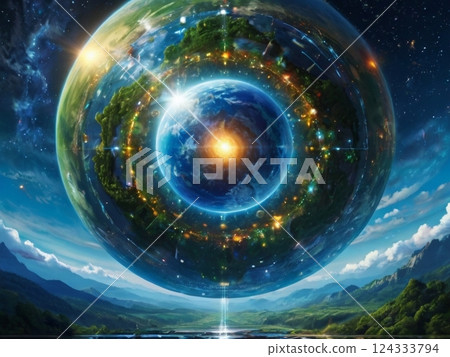 Game background: Earth map seen from a sci-fi future planet 124333794