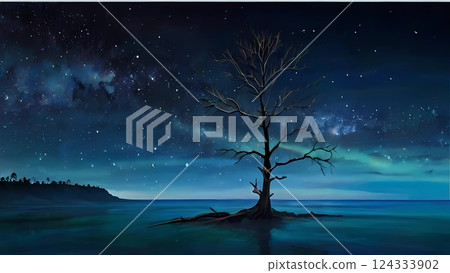 遊戲背景：夜海、地平線、枯樹輪廓的奇幻風景 124333902
