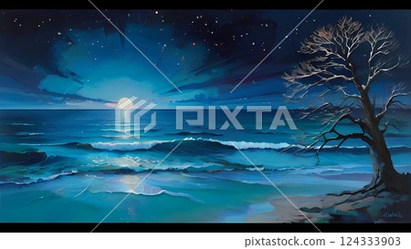 Game background: A fantastical landscape with the night sea, horizon, and silhouettes of dead trees 124333903