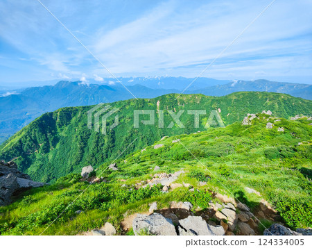 Hiuchi and Myoko mountain climbing in summer (view of Mt. Takatsuma and the Northern Alps from the southern peak of Mt. Myoko) 124334005