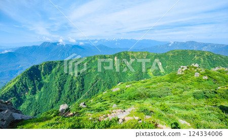 Hiuchi and Myoko mountain climbing in summer (view of Mt. Takatsuma and the Northern Alps from the southern peak of Mt. Myoko) Hiuchi and Myoko mountain climbing in summer (view of Mt. Takatsuma and the Northern Alps from the southern peak of Mt. Myoko) 124334006