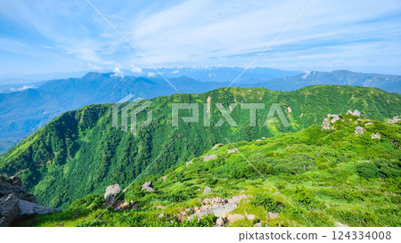 Hiuchi and Myoko mountain climbing in summer (view of Mt. Takatsuma and the Northern Alps from the southern peak of Mt. Myoko) 124334008