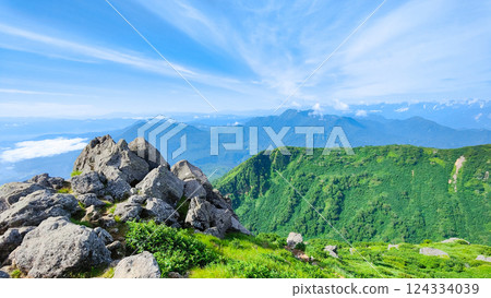 夏季的火內登山、妙高登山(從妙高山的南峰眺望黑姬山、高妻山、北阿爾卑斯山) 夏季的火內登山、妙高登山(從妙高山的南峰眺望黑姬山、高妻山、北阿爾卑斯山) 124334039