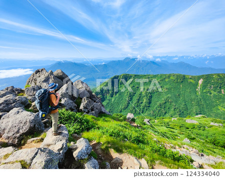 Hiuchi and Myoko mountain climbing in summer (view of Mt. Kurohime, Mt. Takatsuma and the Northern Alps from the southern peak of Mt. Myoko) Hiuchi and Myoko mountain climbing in summer (view of Mt. Kurohime, Mt. Takatsuma and the Northern Alps from the southern peak of Mt. Myoko) 124334040