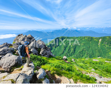 Hiuchi and Myoko mountain climbing in summer (view of Mt. Kurohime, Mt. Takatsuma and the Northern Alps from the southern peak of Mt. Myoko) Hiuchi and Myoko mountain climbing in summer (view of Mt. Kurohime, Mt. Takatsuma and the Northern Alps from the southern peak of Mt. Myoko) 124334042