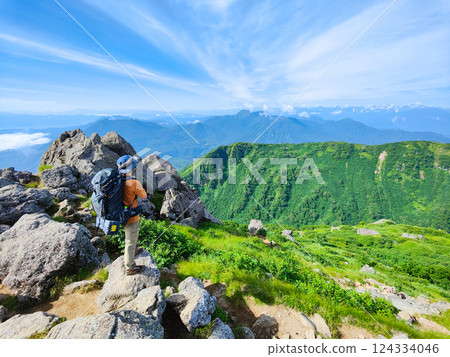 Hiuchi and Myoko mountain climbing in summer (view of Mt. Kurohime, Mt. Takatsuma and the Northern Alps from the southern peak of Mt. Myoko) Hiuchi and Myoko mountain climbing in summer (view of Mt. Kurohime, Mt. Takatsuma and the Northern Alps from the southern peak of Mt. Myoko) 124334046