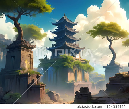 遊戲背景:藍天與古文明神廟遺址 遊戲背景:藍天與古文明神廟遺址 124334111