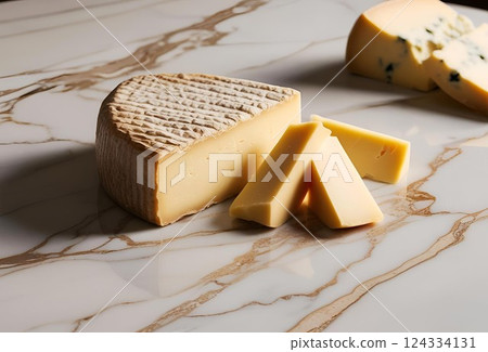 Cut cheese on a marble table 124334131