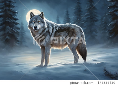 A wolf standing still in a snowy winter mountain 124334139