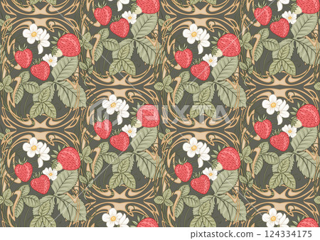 Strawberry. Branch with berries, leaves and flowers 124334175