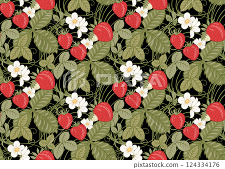 Strawberry. Branch with berries, leaves and flowers 124334176