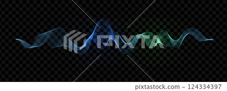 Soft transparent wave in gradient blue to green tones, glowing gently on a dark transparent background. Peaceful signal stream, harmonic energy concept. Smooth motion vector illustration Soft transparent wave in gradient blue to green tones, glowing gently on a dark transparent background. Peaceful signal stream, harmonic energy concept. Smooth motion vector illustration 124334397