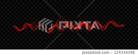 Red glowing waveform with dynamic curved lines on transparent background. Abstract motion signal, energy pulse, music frequency design. Techno audio visual concept, vector illustration 124334398