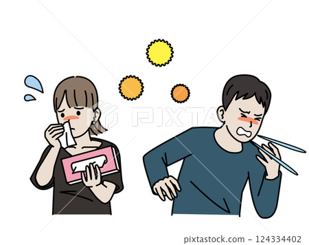 Illustration of people suffering from hay fever symptoms 124334402
