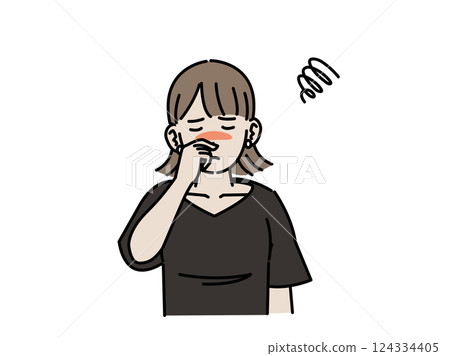 Illustration of a young woman suffering from a stuffy nose 124334405