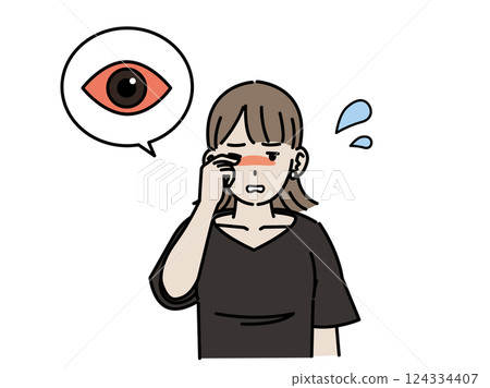 Itchy eyes Illustration of a young woman with bloodshot eyes 124334407